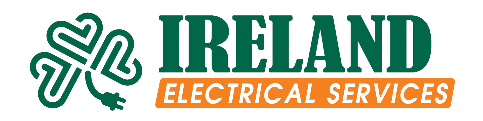 Logo for Ireland Electrical Services: green shamrock with power cord, company name in green, orange bar with service description.