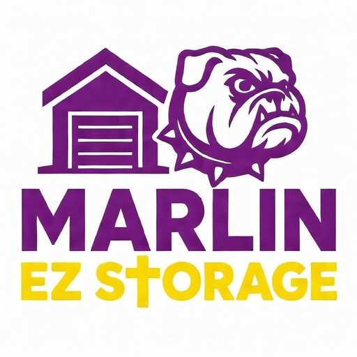 Purple and yellow Marlin EZ Storage logo: shed, bulldog, bold text.