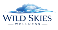 Wild Skies Wellness logo with blue cloud and wave design