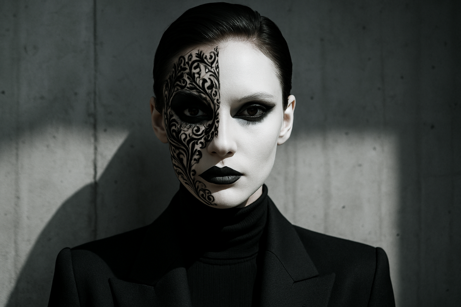 Striking goth aesthetic makeup: half pale face with dramatic black floral filigree and dark lipstick