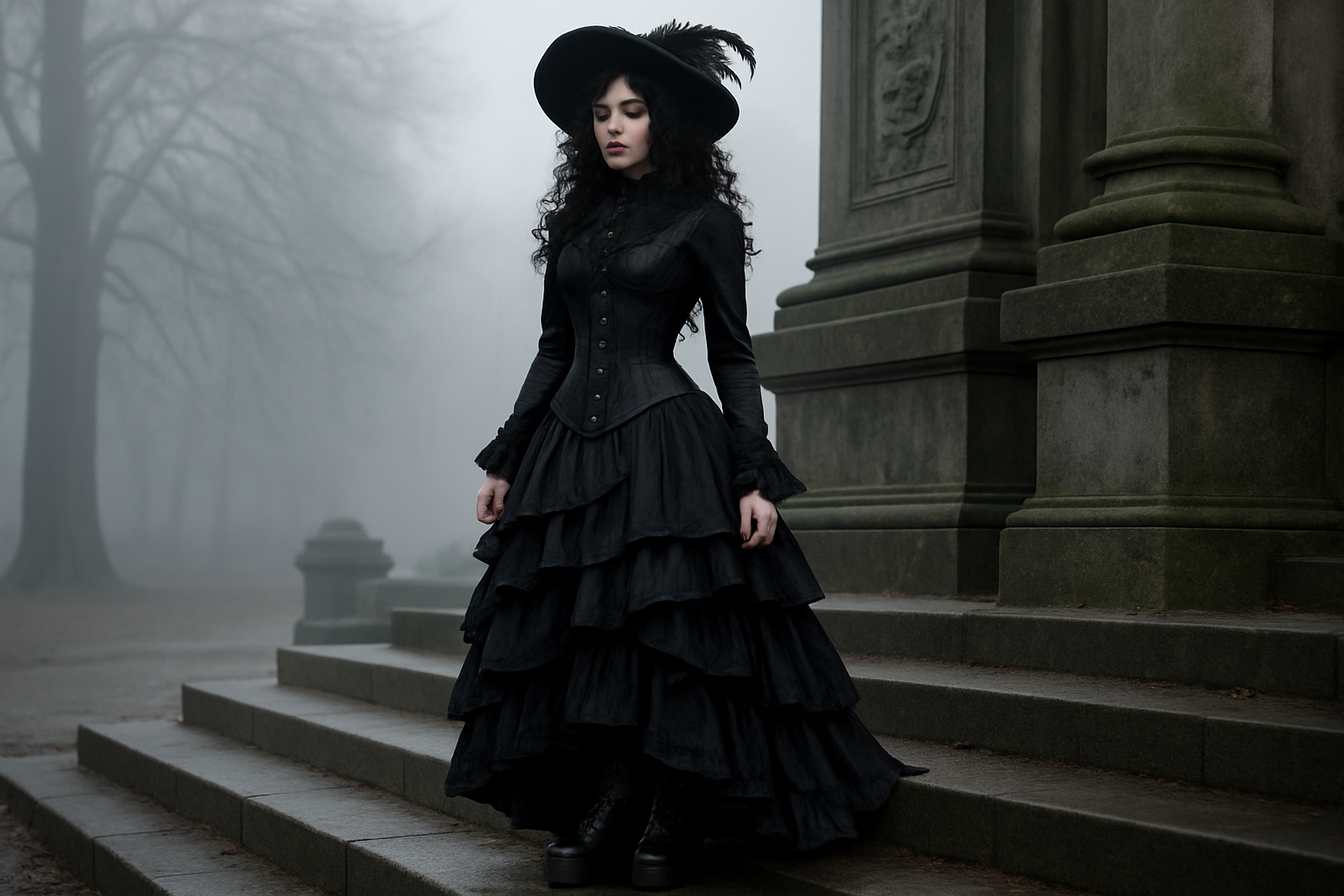 Embracing Goth Individuality and Style A person showcasing goth individuality in an elaborate black Victorian goth style dress with a corset and feathered hat, standing on stone steps in a foggy, atmospheric setting.