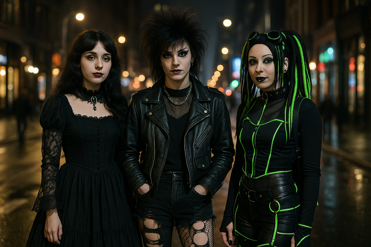 The Diverse World of Goth Style Three women on a city street at night showcasing diverse goth fashion styles: Romantic Goth in a black lace dress, Trad Goth with spiky hair and a leather jacket, and Cyber Goth with neon green synthetic dreads.