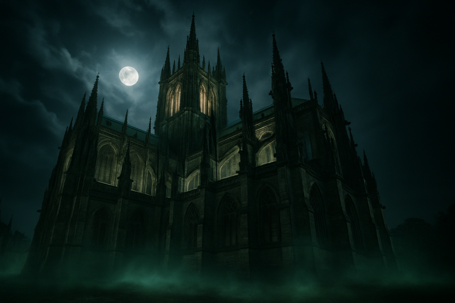 Photograph of a grand gothic cathedral with intricate stone carvings and stained glass windows.