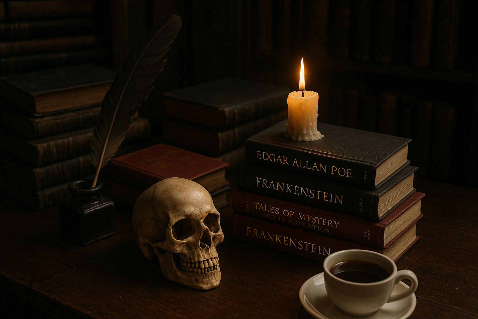Understanding the Core Gothic Aesthetic A dark, atmospheric gothic study scene with a skull, a lit candle on books by Edgar Allan Poe and Frankenstein, and a quill pen, representing the literary roots of the goth subculture.