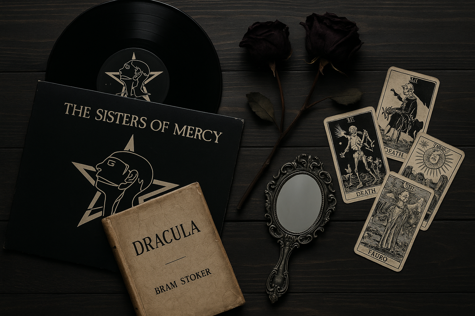 The Aesthetic Pillars of the Goth Subculture A flat lay representing the goth subculture's aesthetic, including a Sisters of Mercy vinyl record, a copy of Bram Stoker's