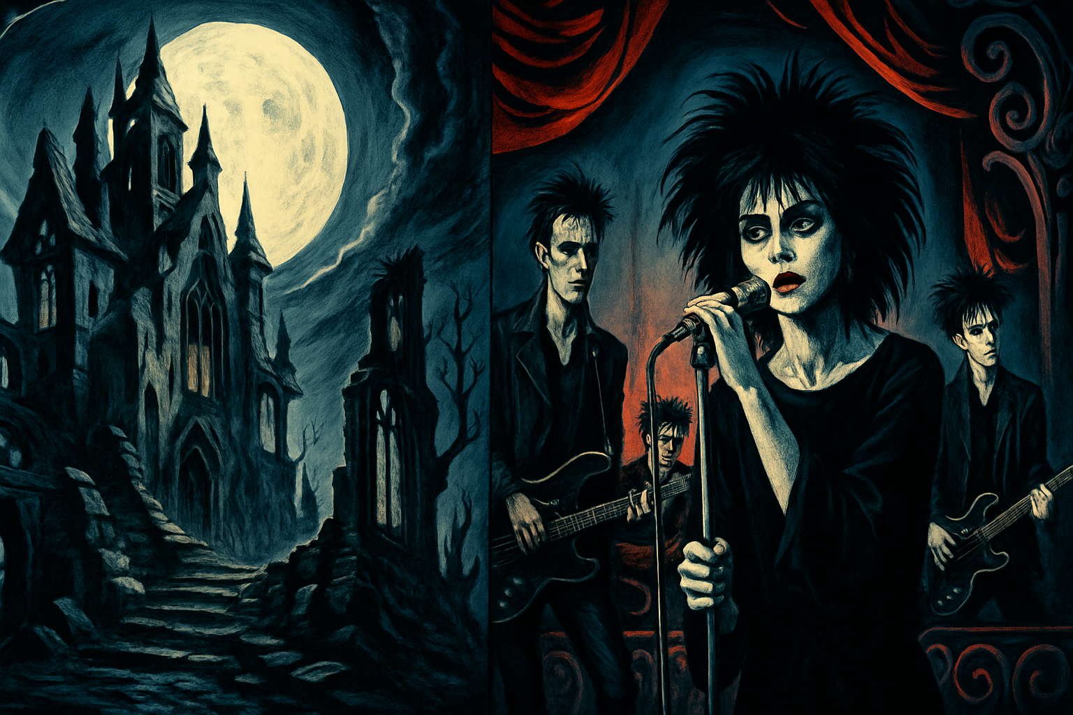 A split-panel artistic rendering showing the link between gothic fiction and Goth culture, with a haunted castle on the left and a Goth rock band performing on the right.