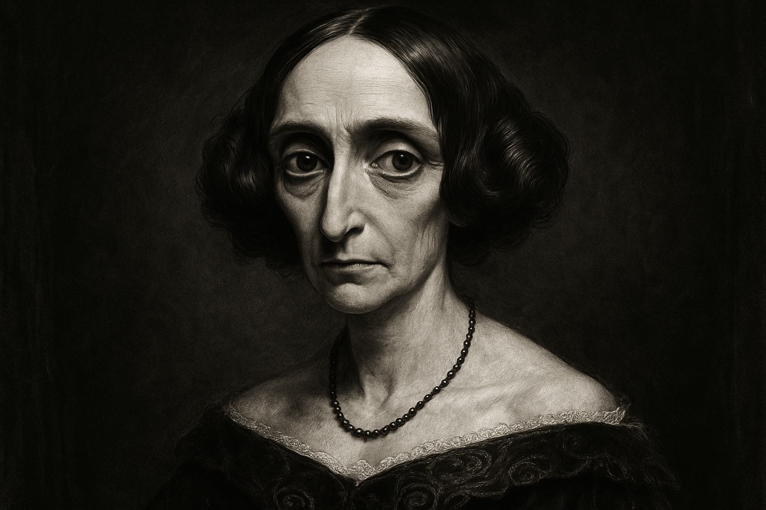 A somber, artistic portrait of Mary Shelley, the author of Frankenstein, a foundational text of the gothic novel.