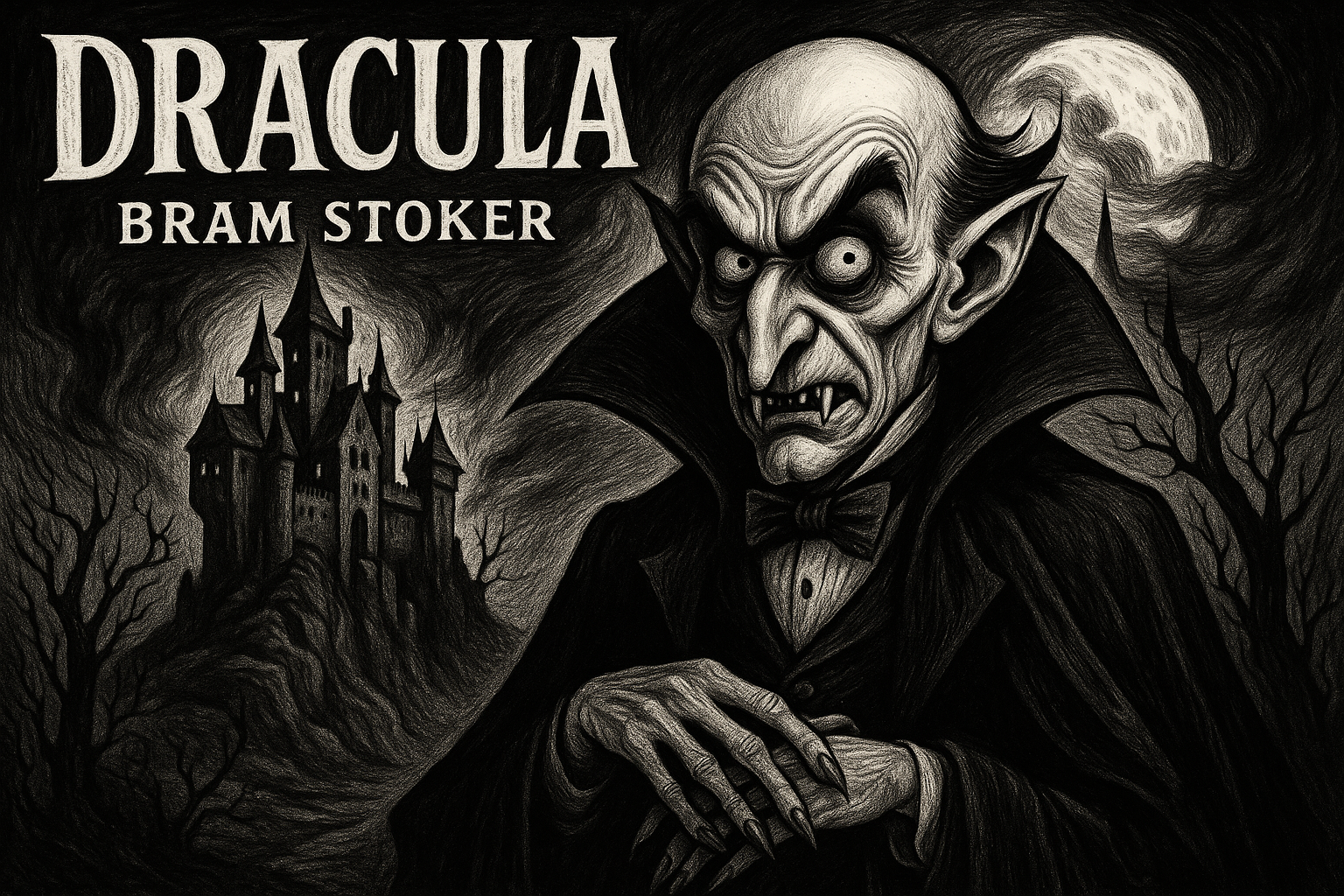 A stylized black-and-white illustration of Bram Stoker's Dracula, the archetypal vampire from the classic gothic horror novel, with his castle in the background.