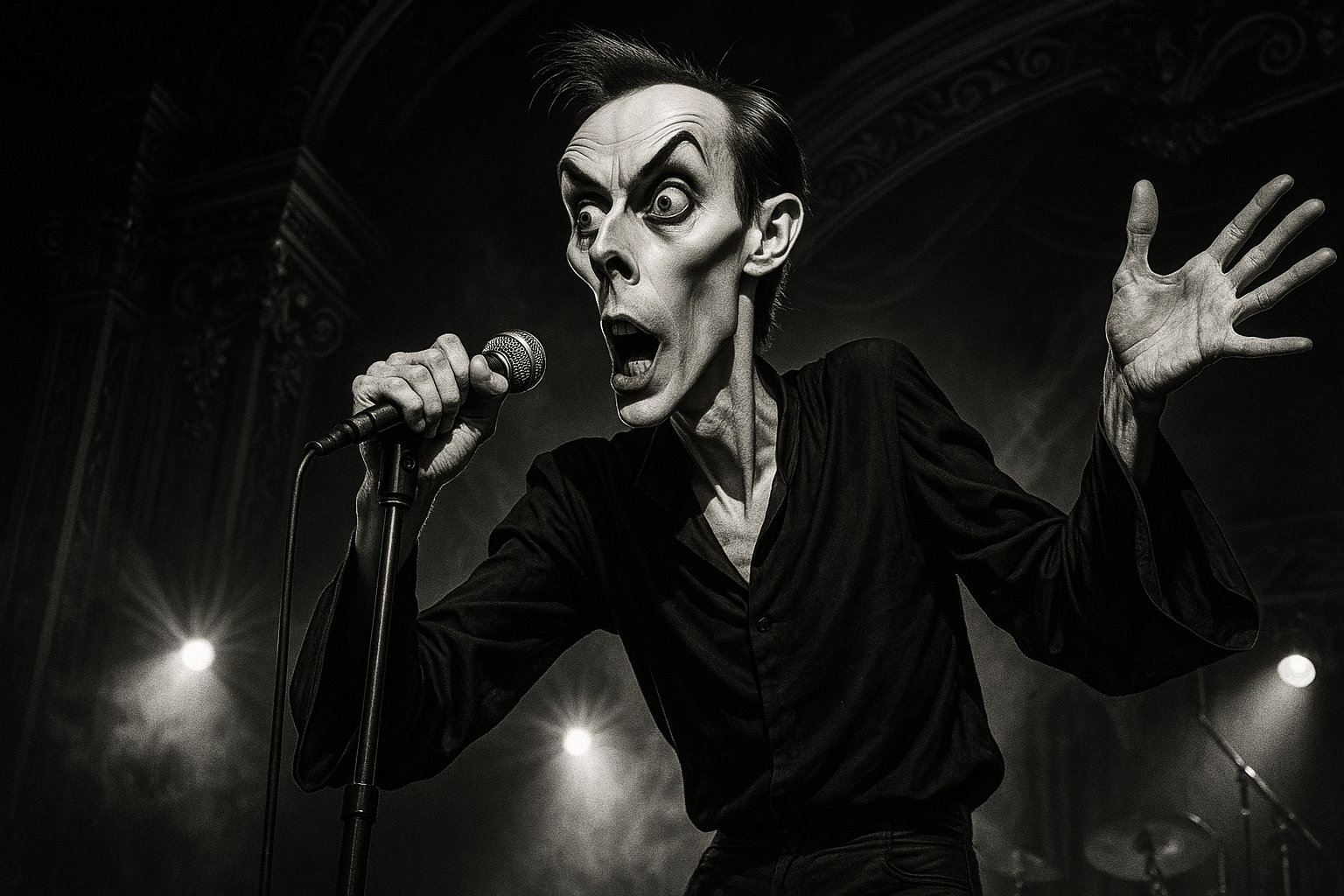 A dramatic black-and-white caricature of Peter Murphy, frontman of Bauhaus, performing on stage in the early 1980s, embodying the spirit of gothic horror.
