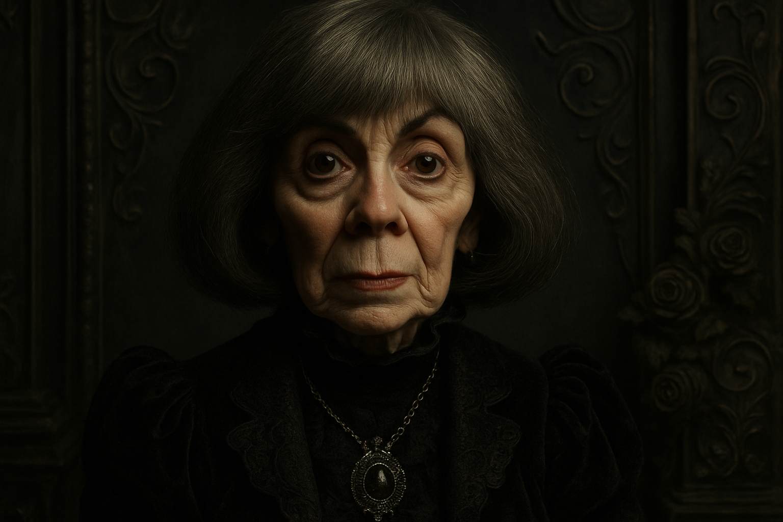  A detailed, somber portrait of author Anne Rice, whose gothic fiction
