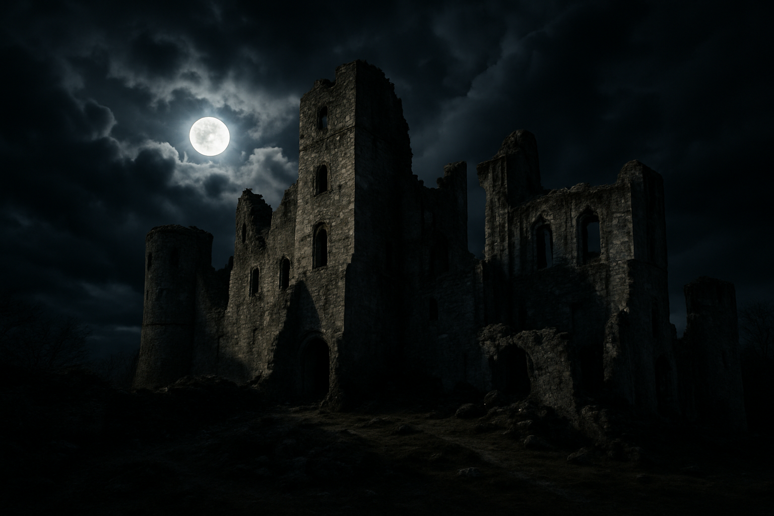 The ruins of a medieval castle silhouetted against a dark, cloudy sky with a full moon, the quintessential setting of the first gothic novel.