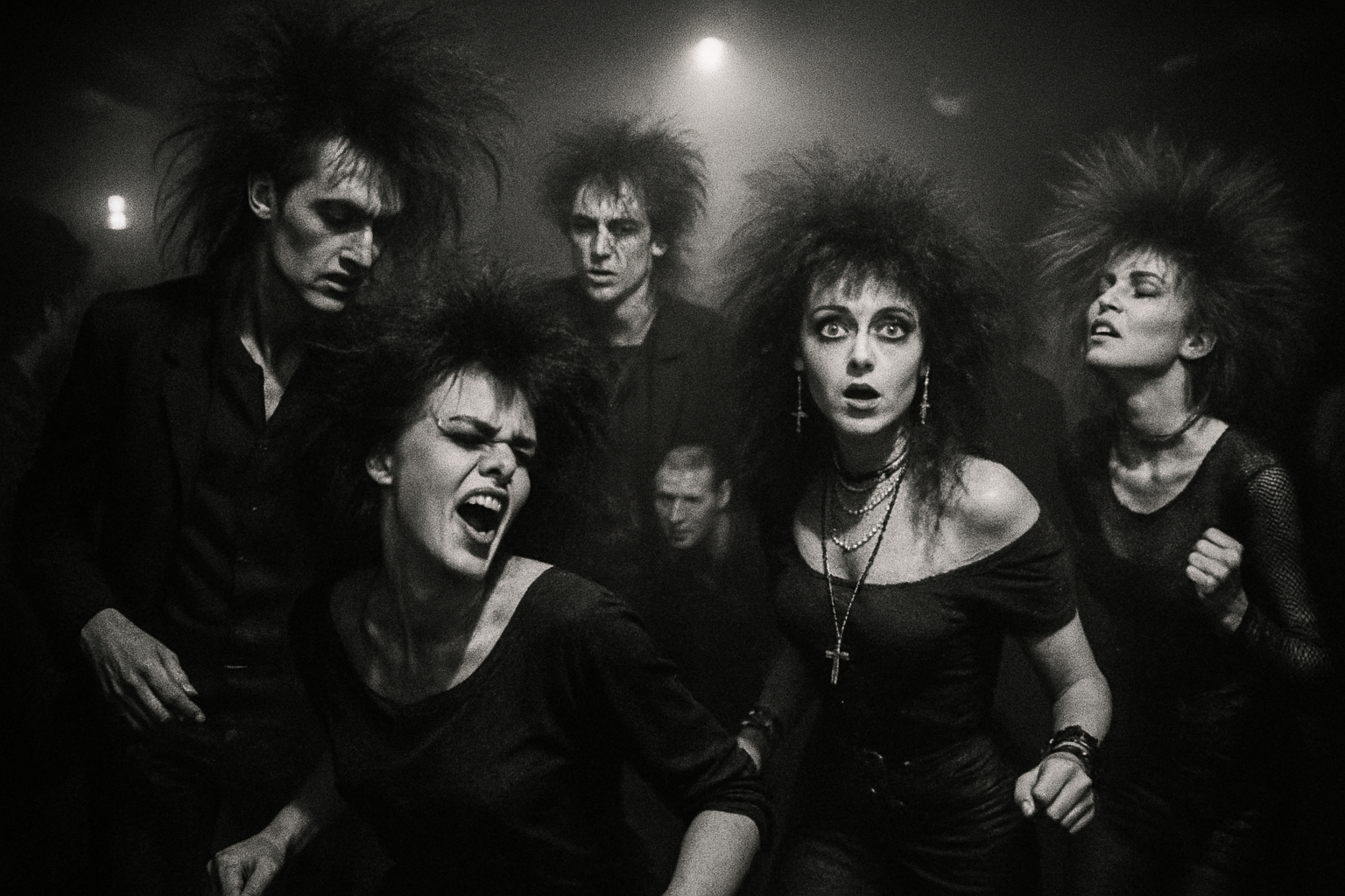 A dynamic black-and-white photo of a group of people with teased hair and dark makeup dancing in an early Goth club, showing the subculture's post-punk origins.