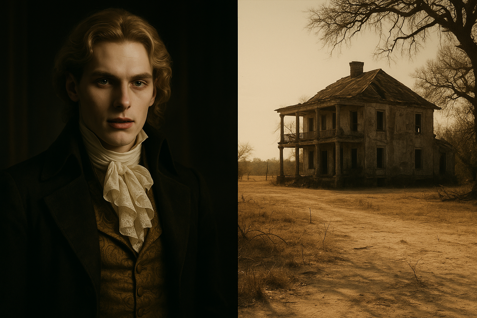 A split image showing a handsome, romantic vampire on the left and a decaying plantation house on the right, representing modern American gothic fiction.