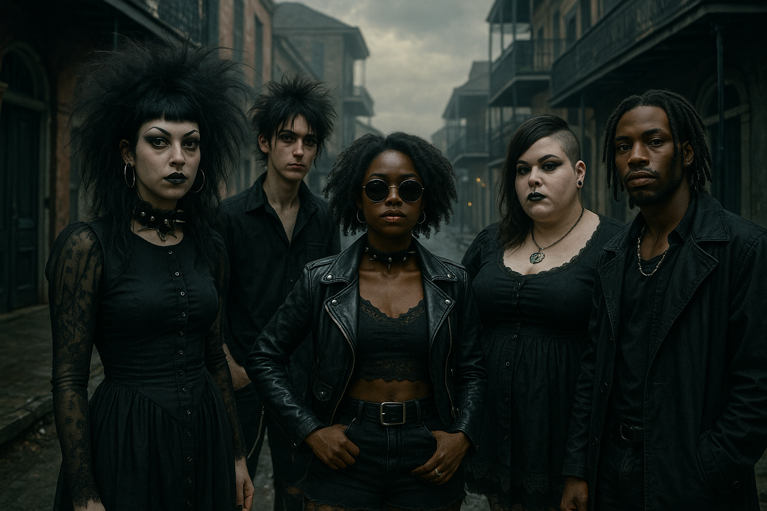 A diverse group of five people dressed in contemporary Goth fashion standing on a city street, representing the modern legacy of gothic fiction.