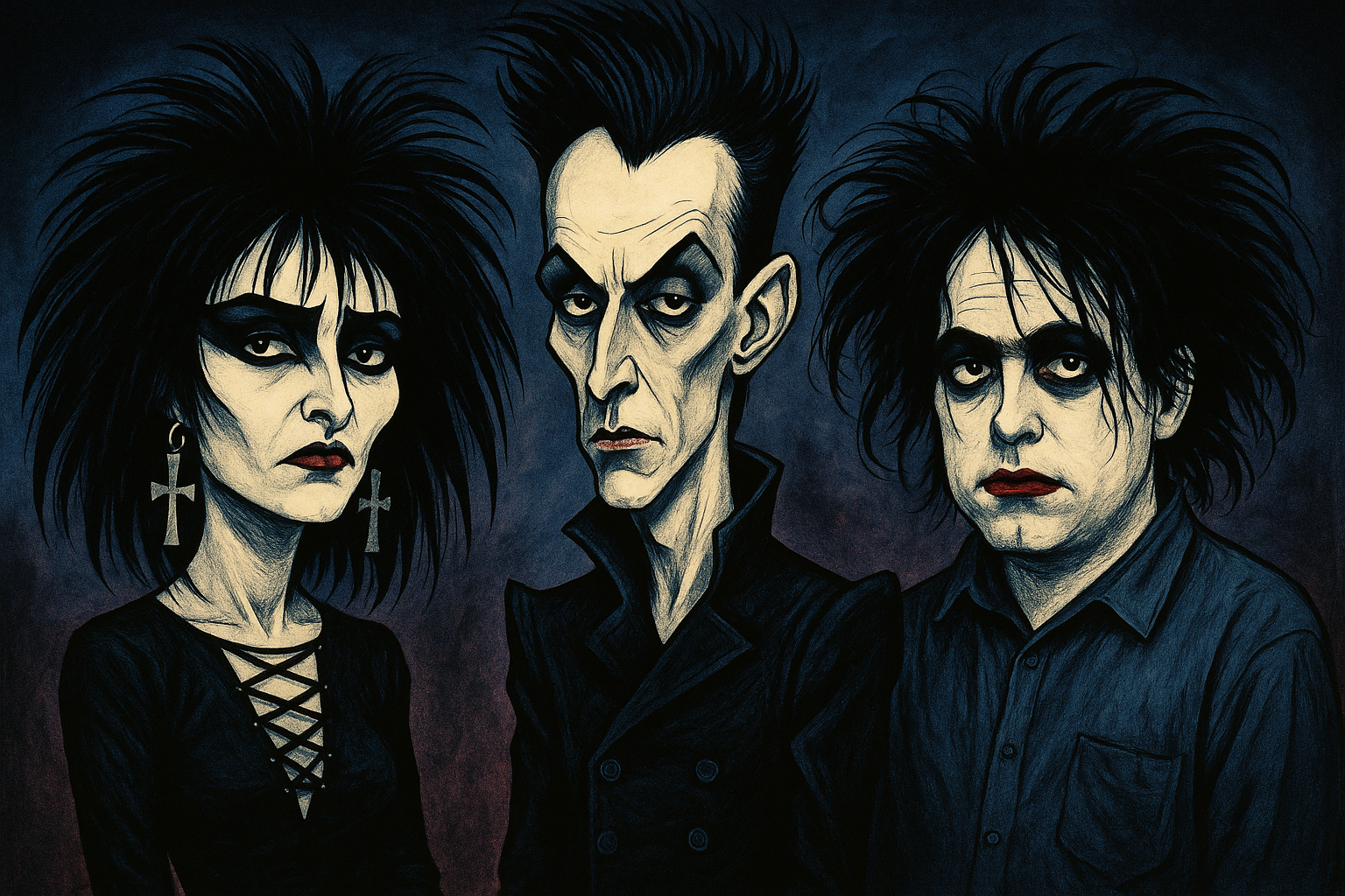 A black and white collage of Peter Murphy from Bauhaus, Siouxsie Sioux, and Robert Smith of The Cure