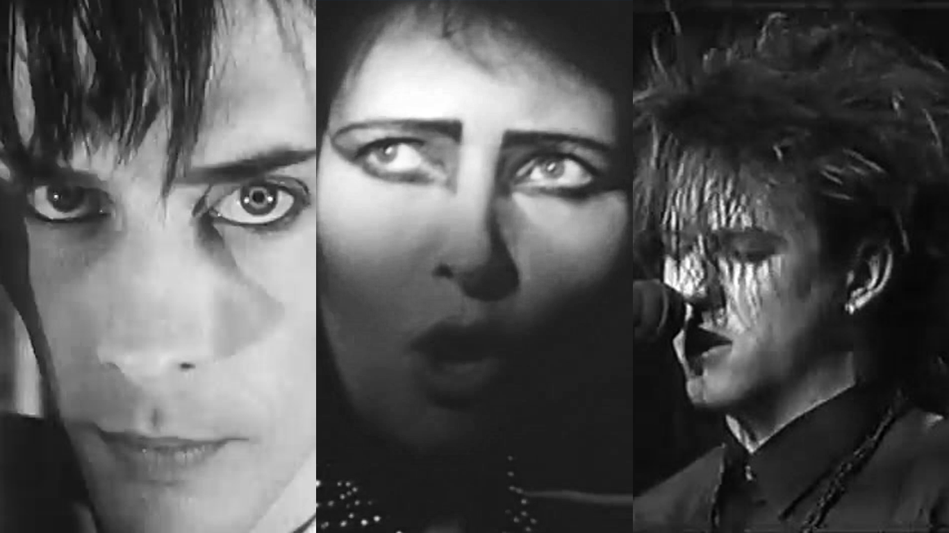 The Unholy Trinity of Goth: Bauhaus, Siouxsie and the Banshees, and The Cure. A black and white collage showing close-ups of the three main figures of early gothic rock: Peter Murphy of Bauhaus, Siouxsie Sioux of Siouxsie and the Banshees, and Robert Smith of The Cure.