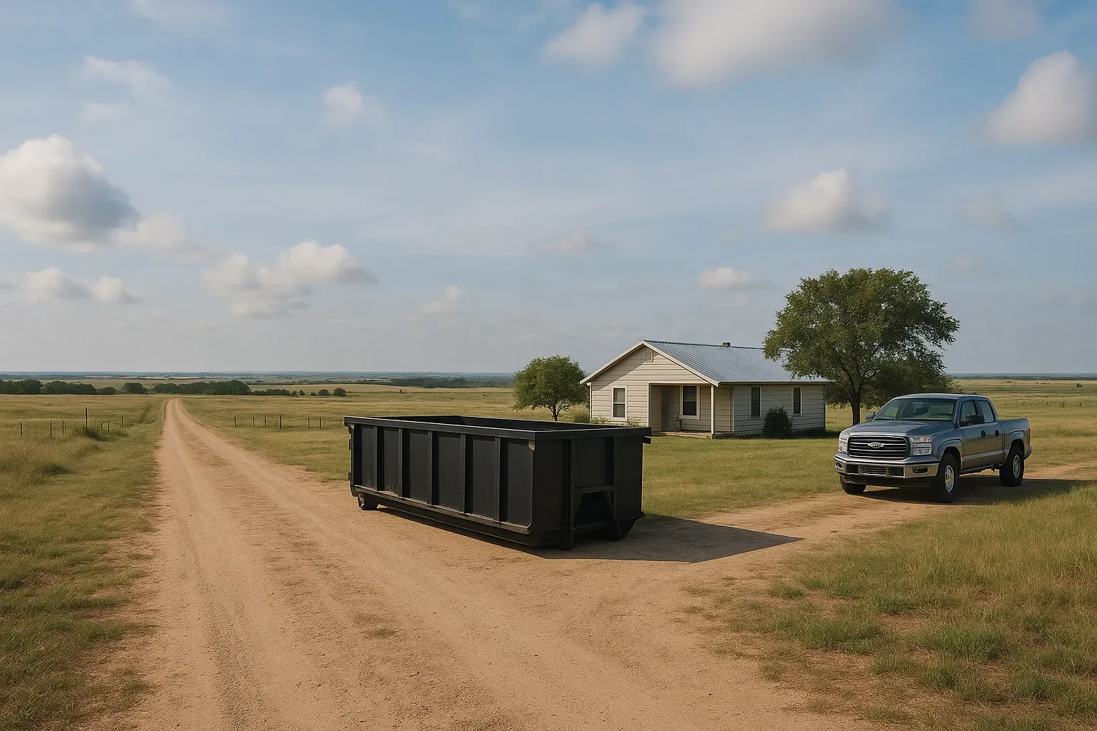 A truck is parked on the side of a dirt road in front of a house.