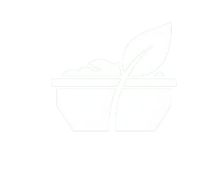 A white line drawing of a bowl with a leaf on top of it.