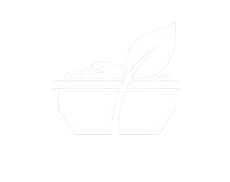 A white line drawing of a bowl with a leaf on top of it.