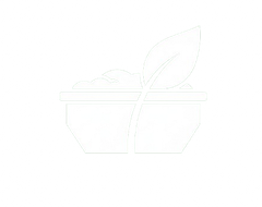 A white line drawing of a bowl with a leaf on top of it.
