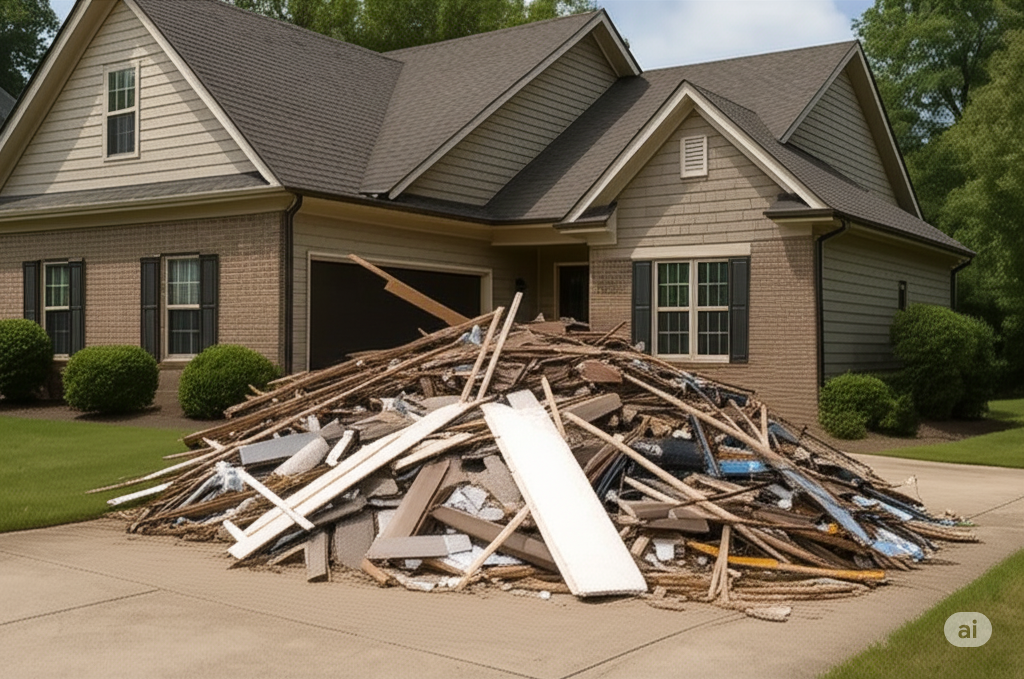 A house with a pile of junk in front of it