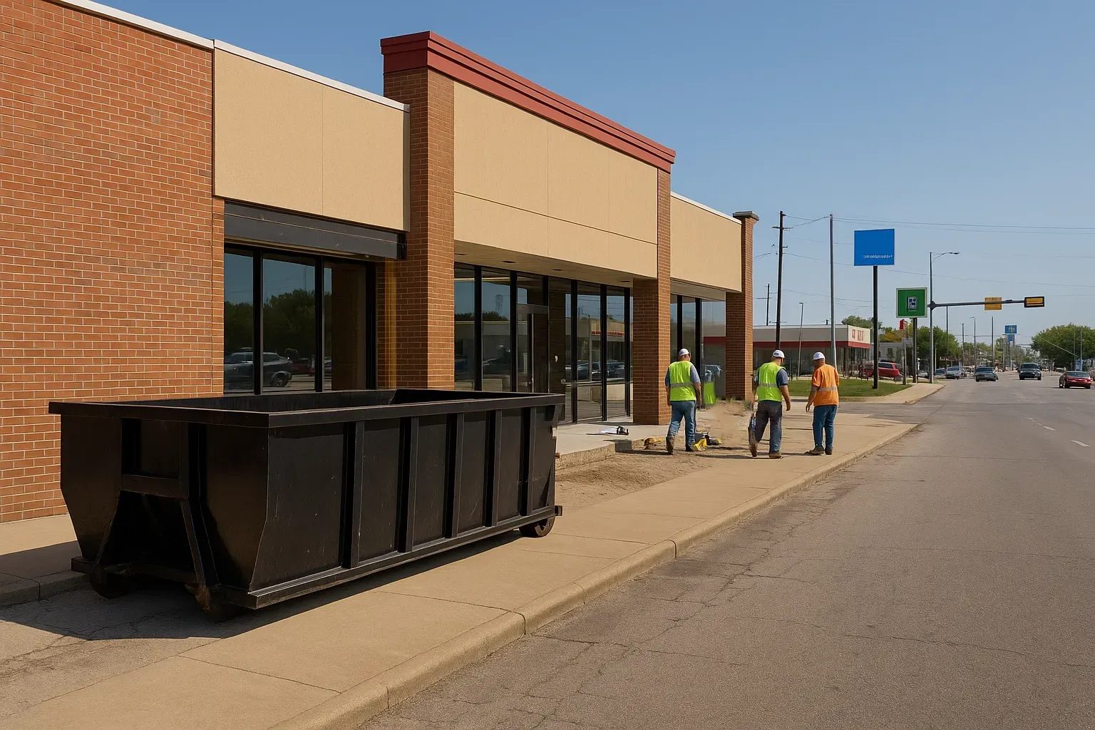 A group of construction workers are standing outside of a building.