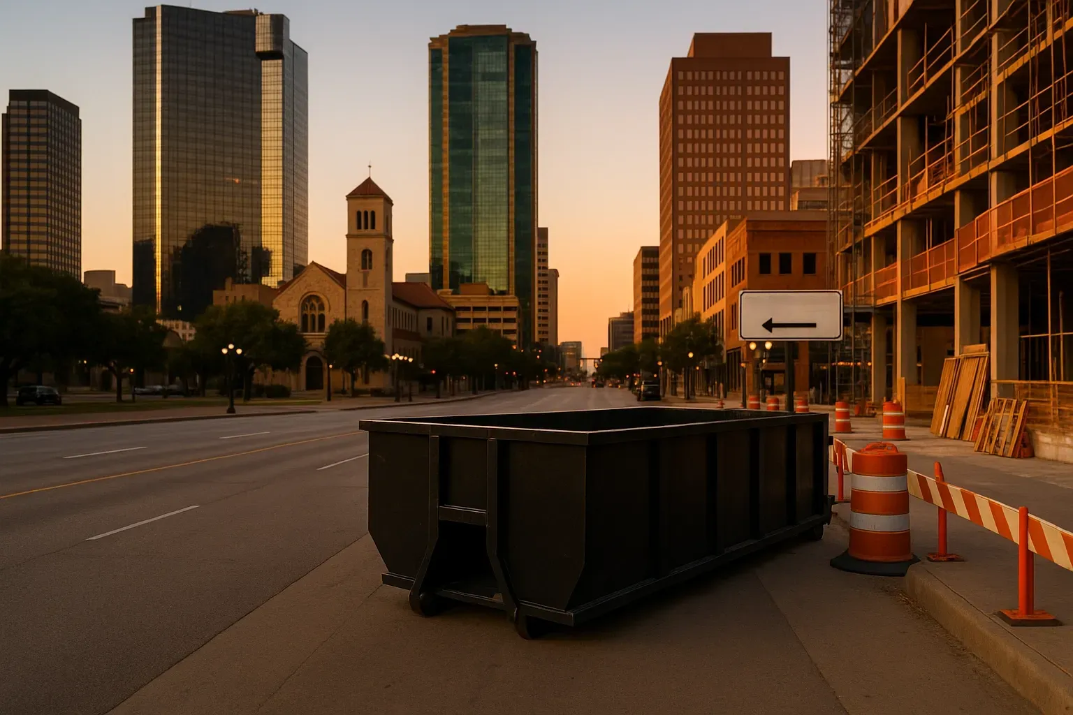 A dumpster is sitting on the side of the road in front of a city skyline.