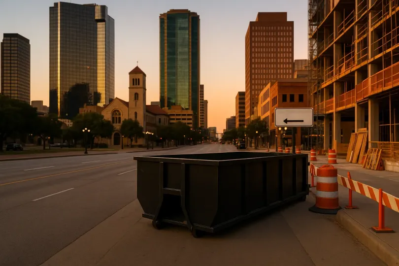 A dumpster is sitting on the side of the road in front of a city skyline.