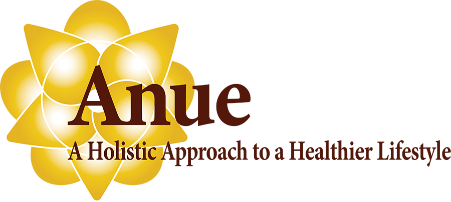 Logo for Anue: a golden floral design with the name "Anue" and tagline "A Holistic Approach to a Healthier Lifestyle".