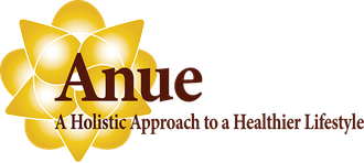 Logo for Anue: a golden floral design with the name "Anue" and tagline "A Holistic Approach to a Healthier Lifestyle".