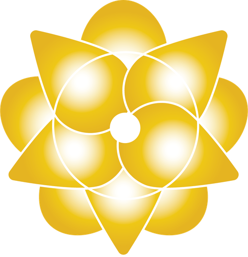 Golden geometric flower with overlapping shapes and central white dot.
