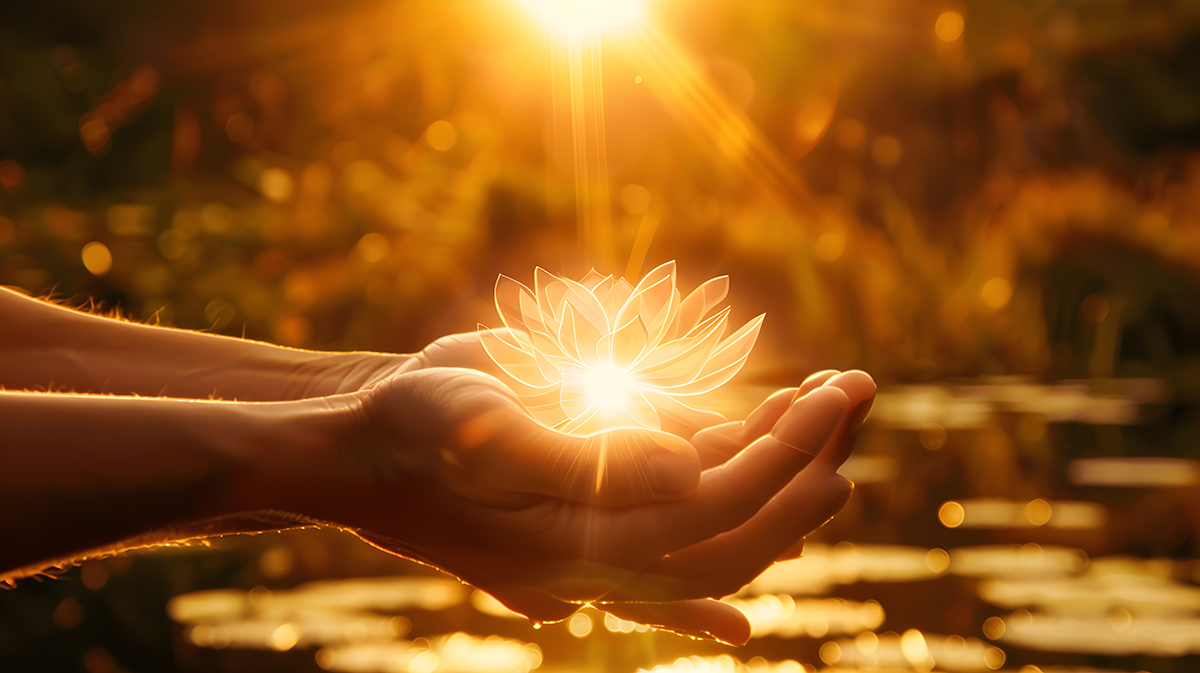Hands cradling a glowing lotus flower, bathed in golden sunlight near a pond.