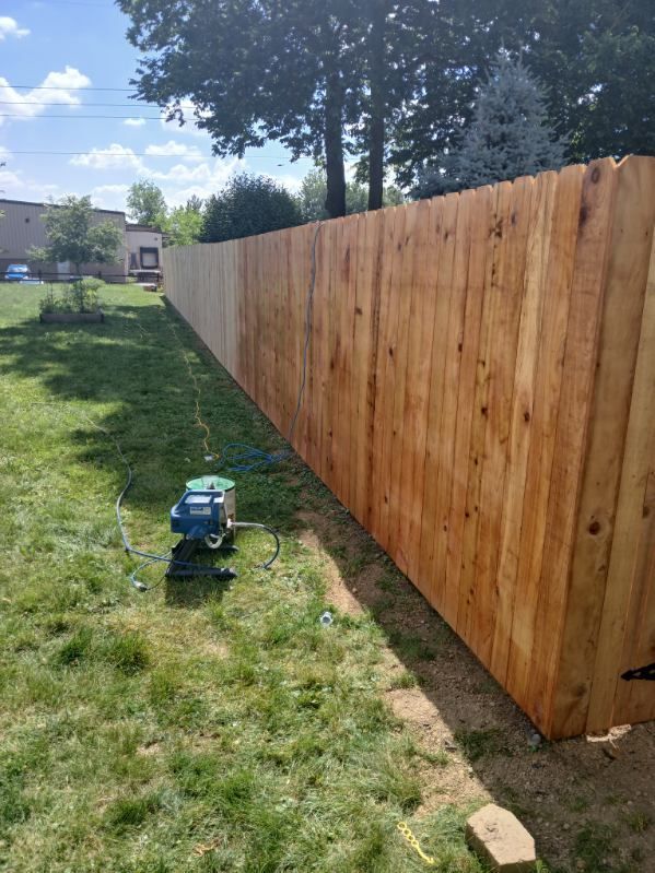 A wooden fence is being painted in a backyard.