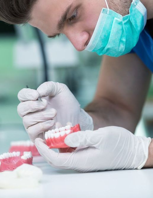 A Man Wearing a Mask and Gloves is Working on a Model of Teeth — Graham Johnson Dental Surgery In Beresfield, NSW