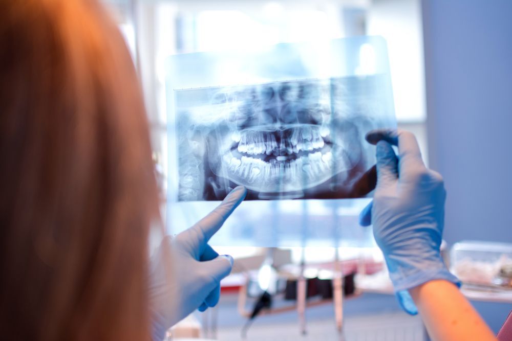 A dentist is looking at an x-ray of a patient 's teeth.