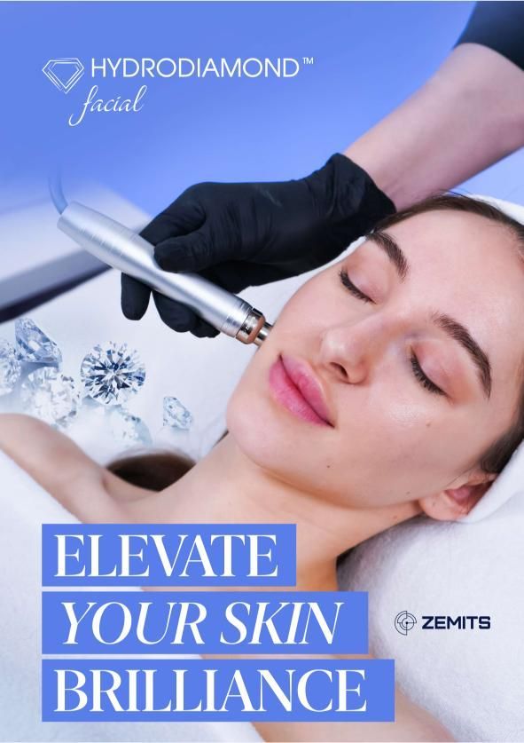 Woman receiving a facial treatment with a diamond-tipped device; text promotes skin brilliance.