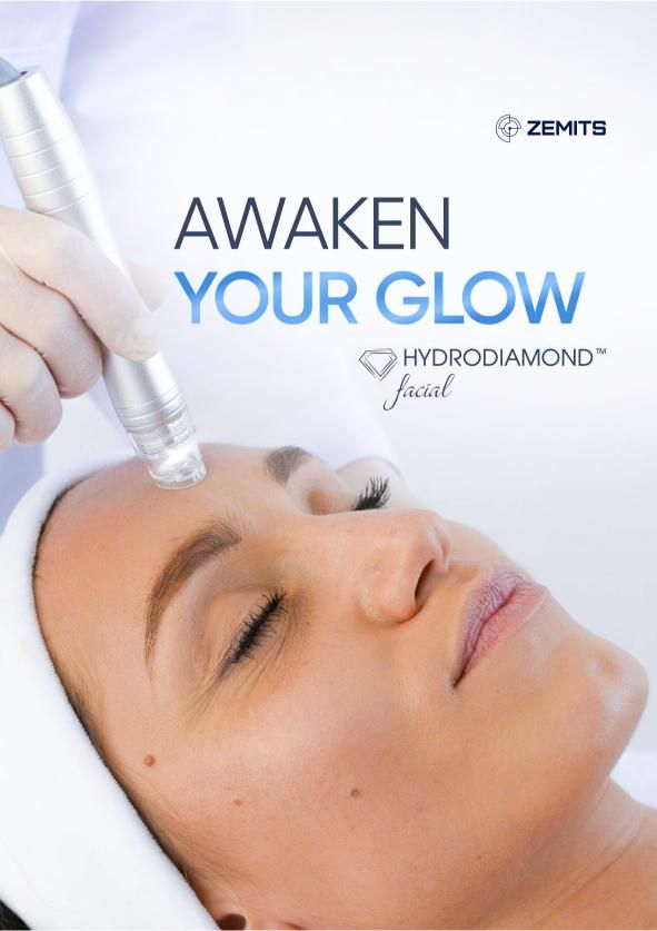 Woman receiving a HydroDiamond facial. A gloved hand uses a device on her forehead, blue text on a white background.