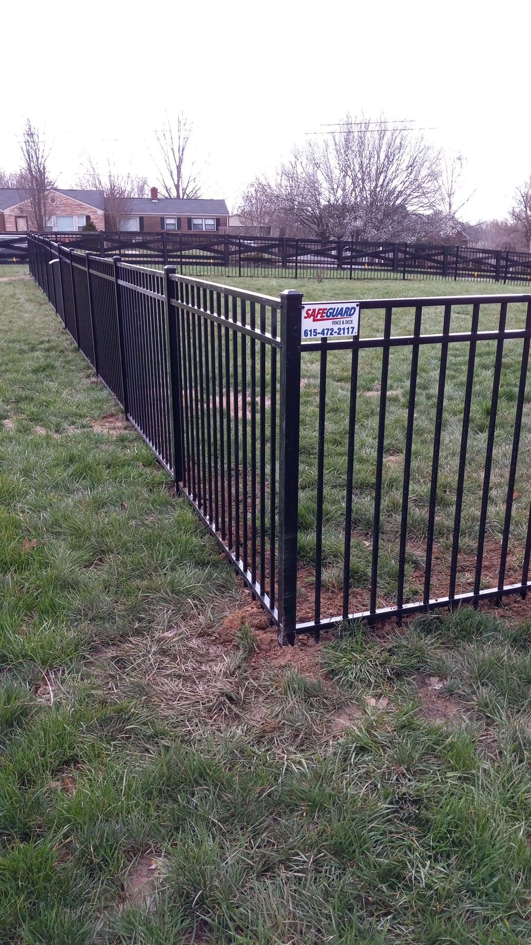 Black metal fence in a grassy field, surrounding an area with bare trees and a house in the background.