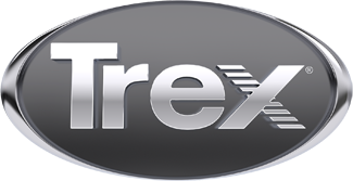 Trex logo in a silver oval on a gray background. The word Trex is in white with a silver outline.