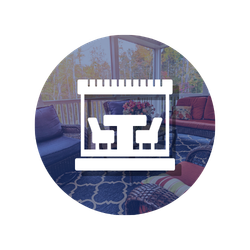 Circular logo: white outline of a deck with furniture, overlaid on a deck scene with trees.