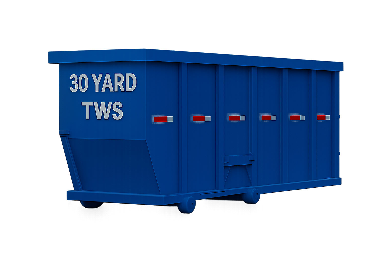Blue 30-yard dumpster with the text 