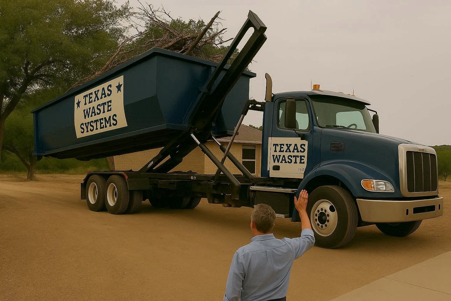 Dump truck from Texas Waste Systems lifts bin filled with debris; man in blue shirt waves.