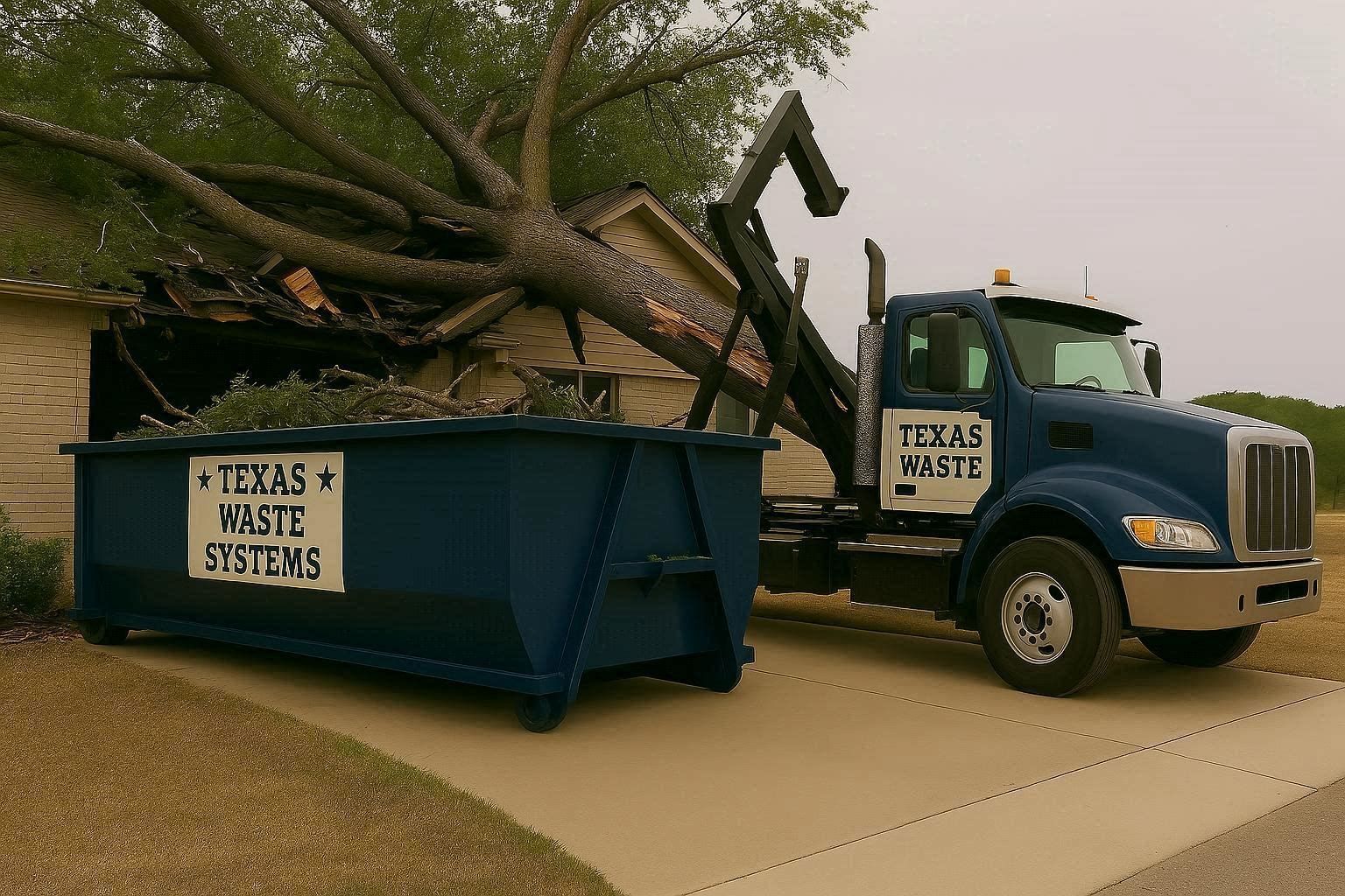 A tree has fallen on a house, being loaded into a Texas Waste Systems dumpster. Blue truck parked on a driveway.