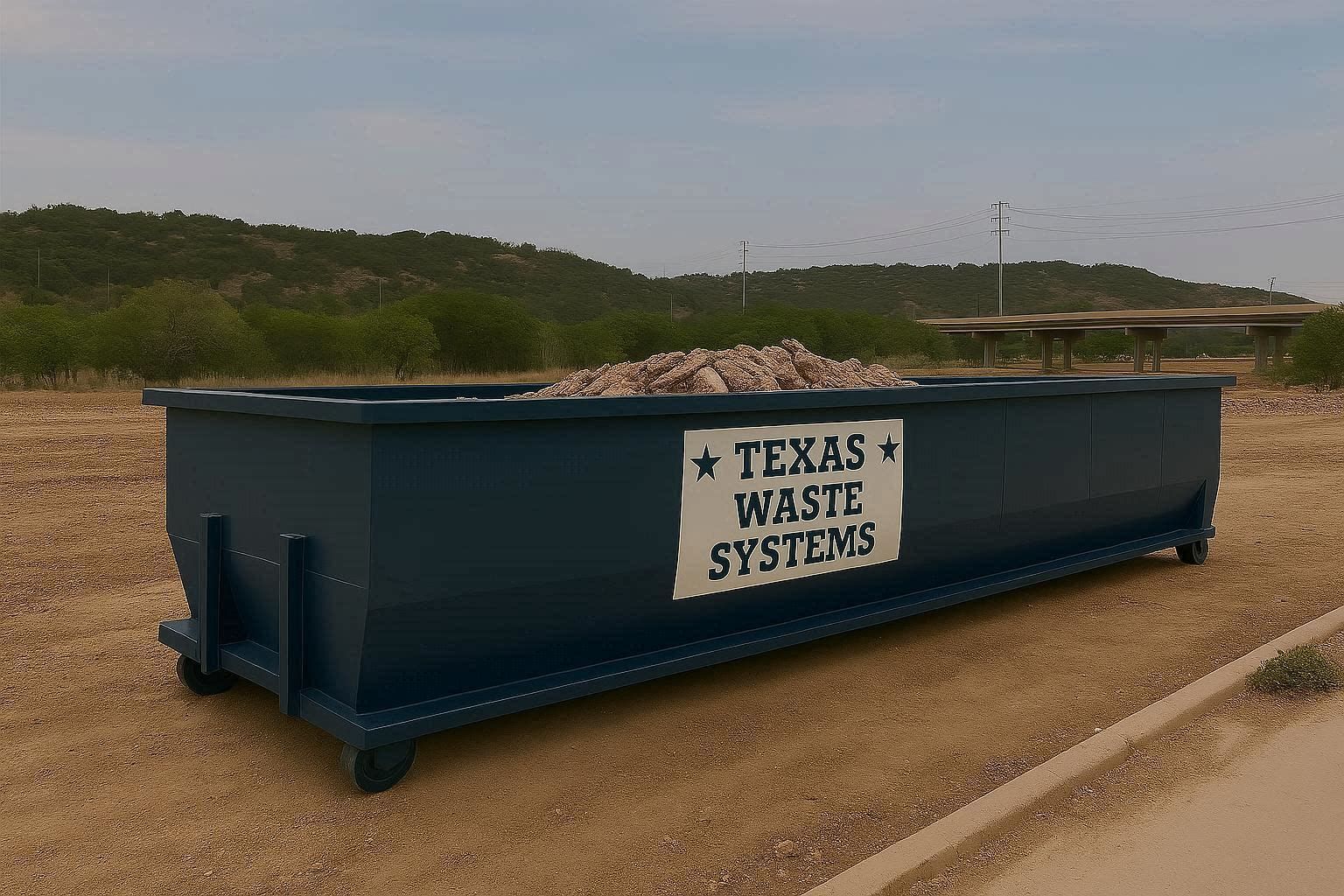 Blue dumpster labeled 