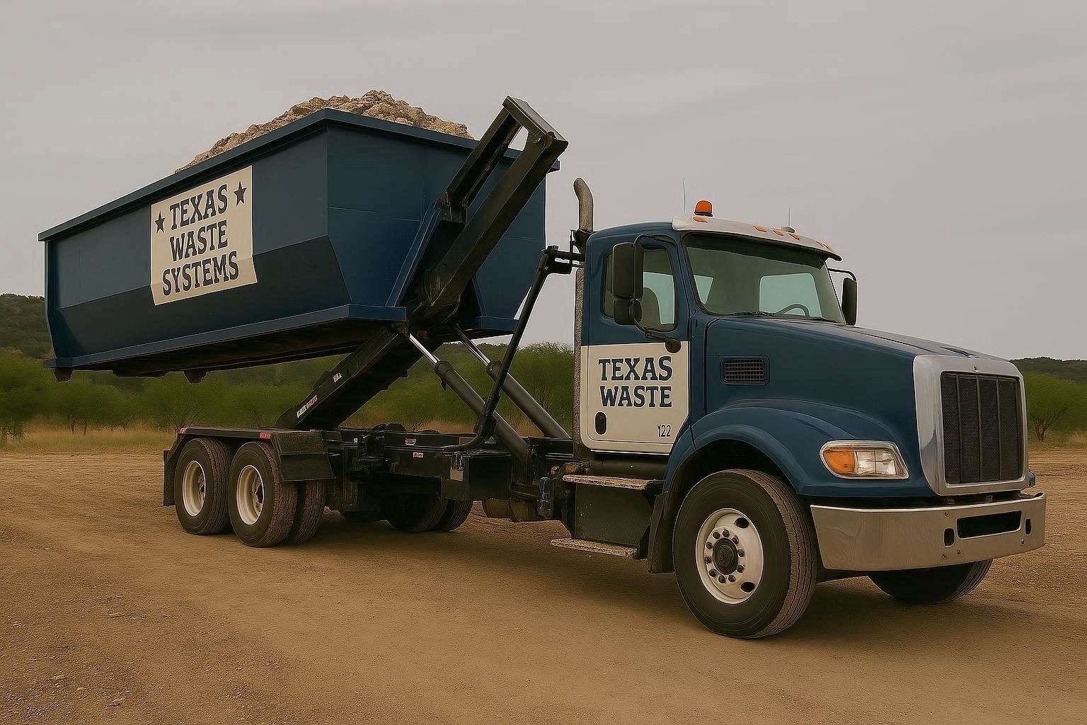 Blue Texas Waste Systems truck lifting a dumpster filled with debris on a dirt road.