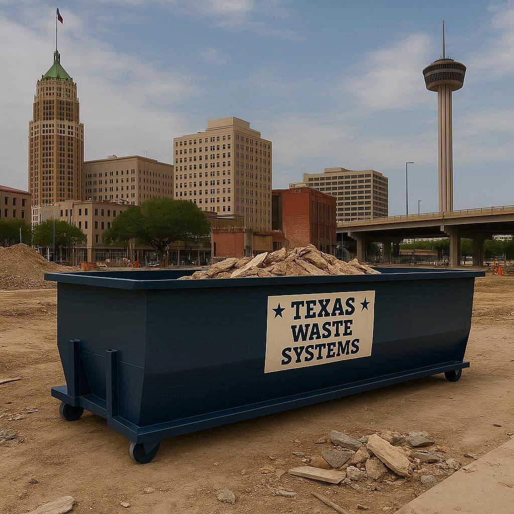 Blue dumpster labeled 