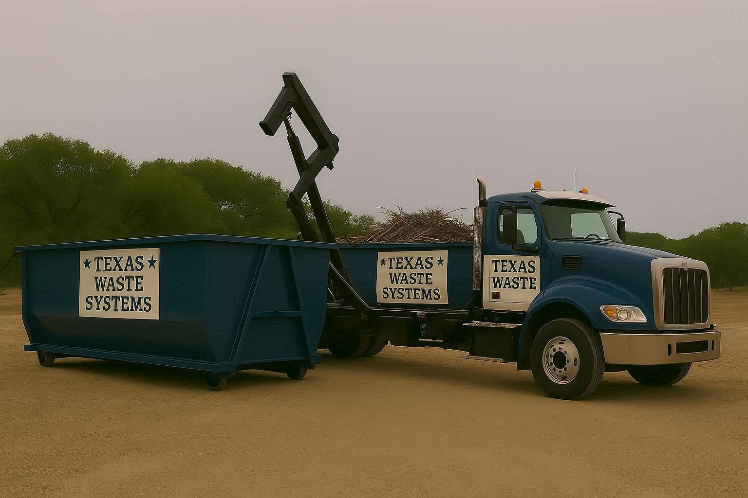 A blue Texas Waste Systems truck lifting a dumpster in a field.