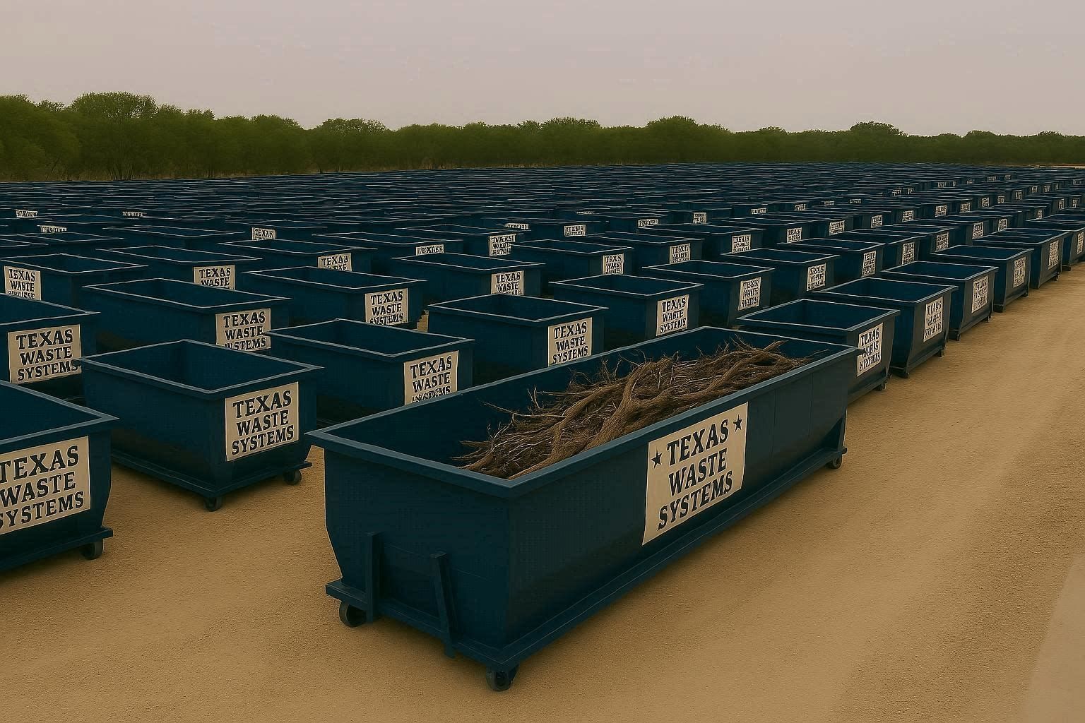 Blue dumpsters filled with debris, labeled 