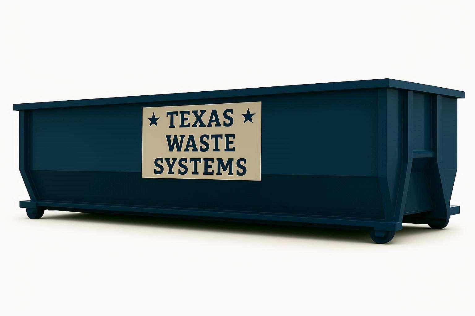 Blue dumpster with “TEXAS WASTE SYSTEMS” sign.