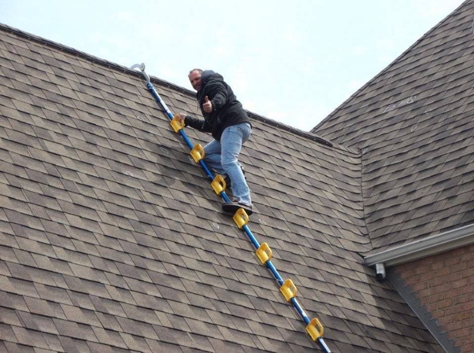 Black shingle roof, white gutter with leaf guard